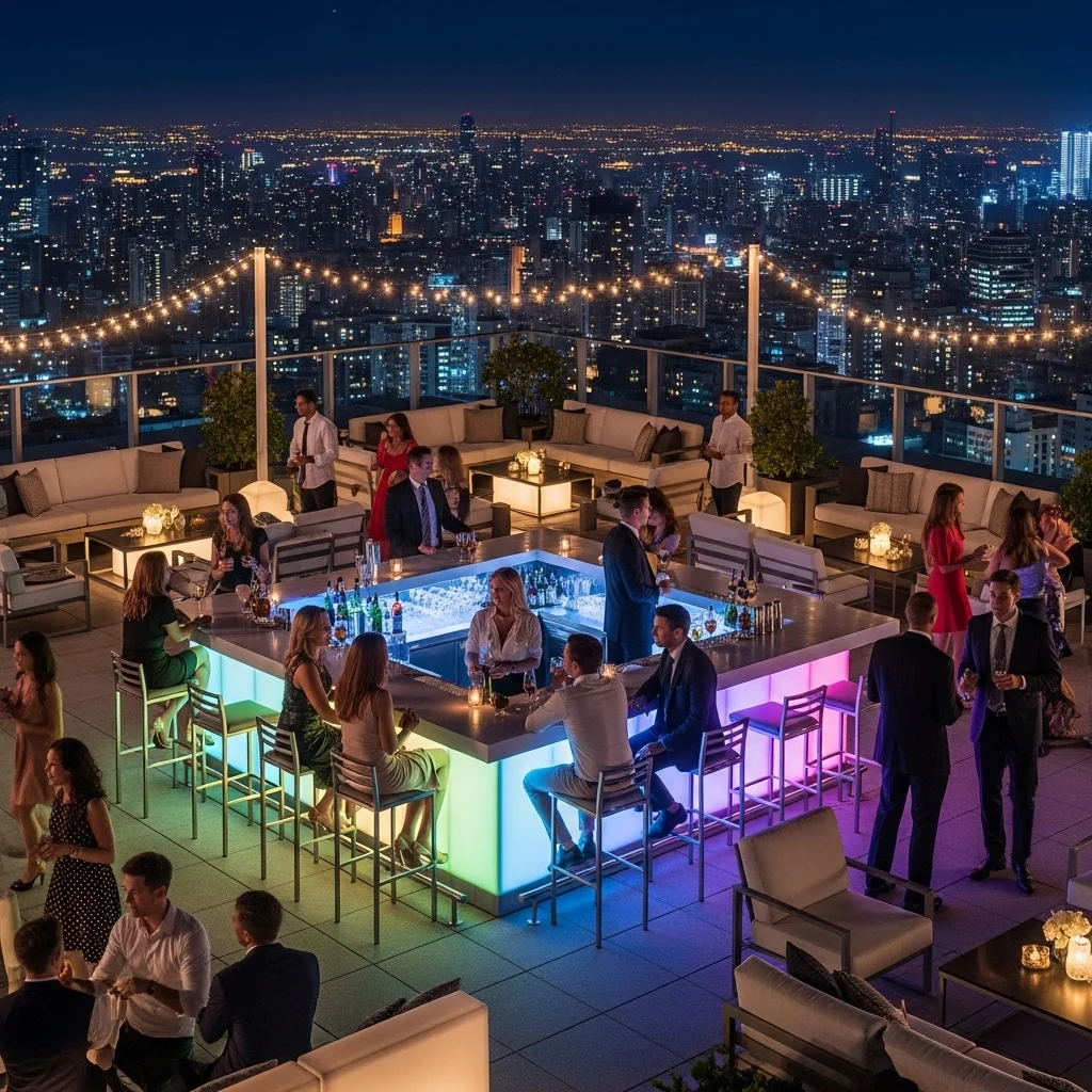 Explore 19 Practical Rooftop Deck Ideas to Elevate Your Home 9 8. Party Hub with Bar and Seating