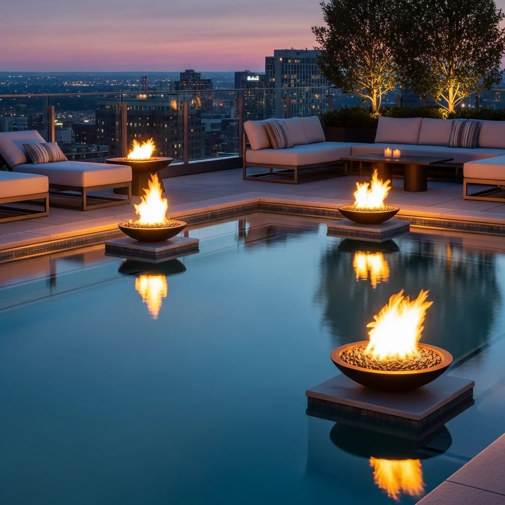 Top 21 Breathtaking Rooftop Deck Pool Inspirations 13 12. The Fire Feature Integration
