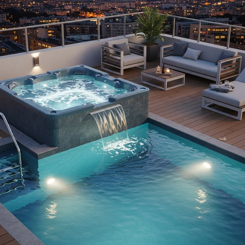Top 21 Breathtaking Rooftop Deck Pool Inspirations 9 8. The Hot Tub Combo
