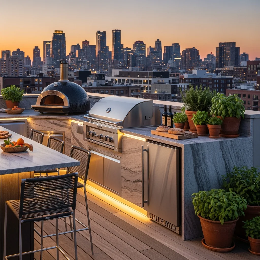 19 Breathtaking Rooftop Garden Deck Designs for Every Style 15 14. Artisan Outdoor Kitchen