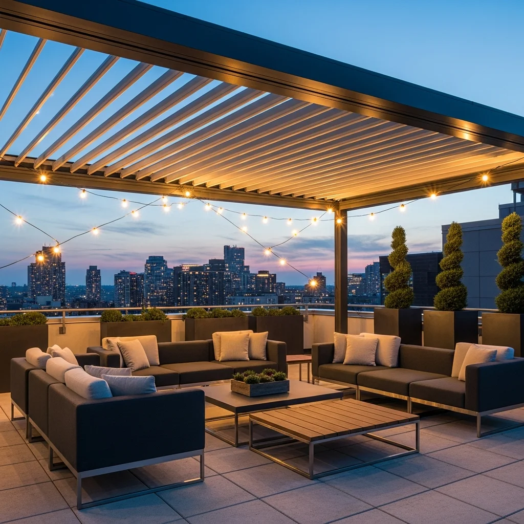 Top 23 Luxury Penthouse Rooftop Terrace Designs 15 14. Automated Pergola Lounging Area