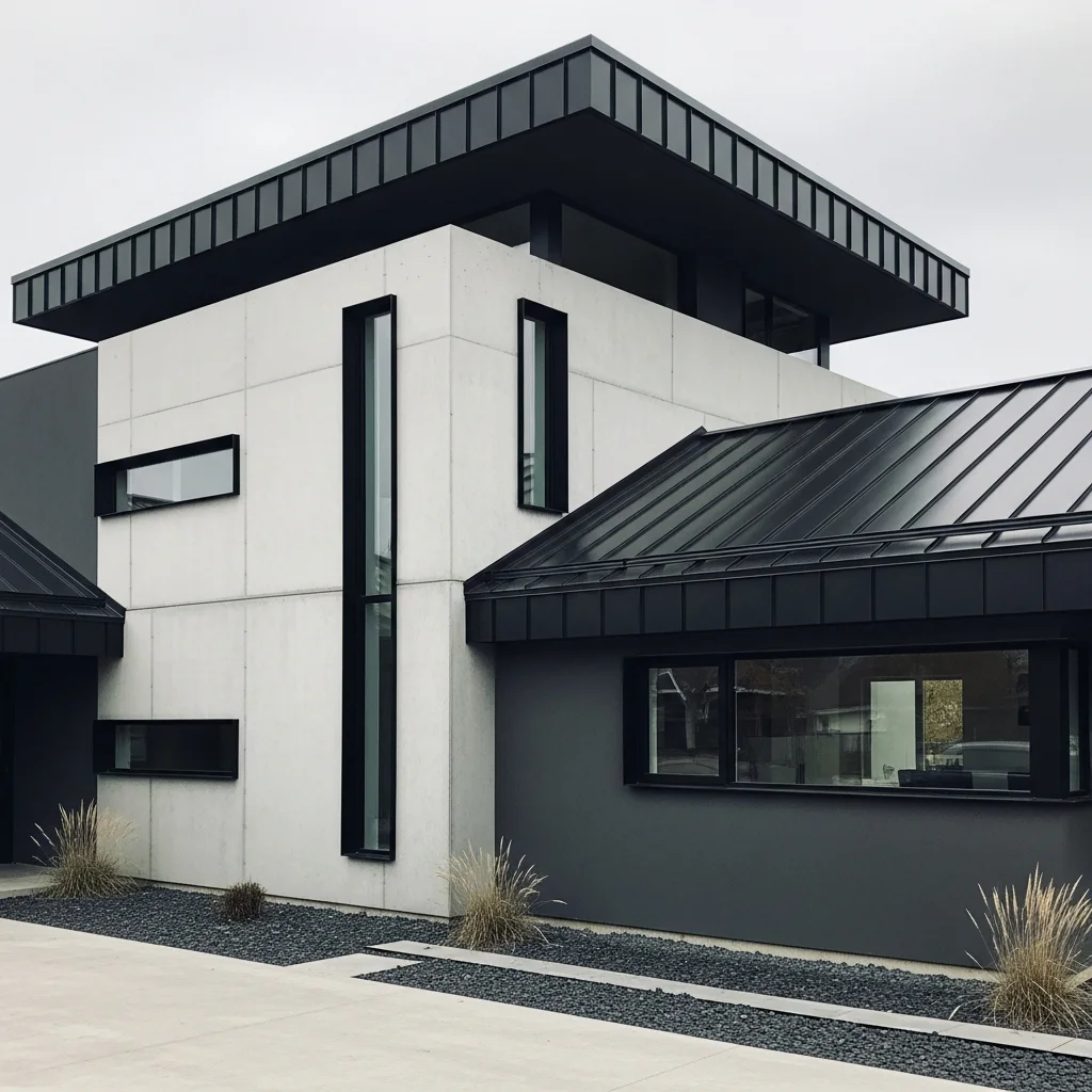 13. Black Metal Roof with Concrete Panels/Stucco