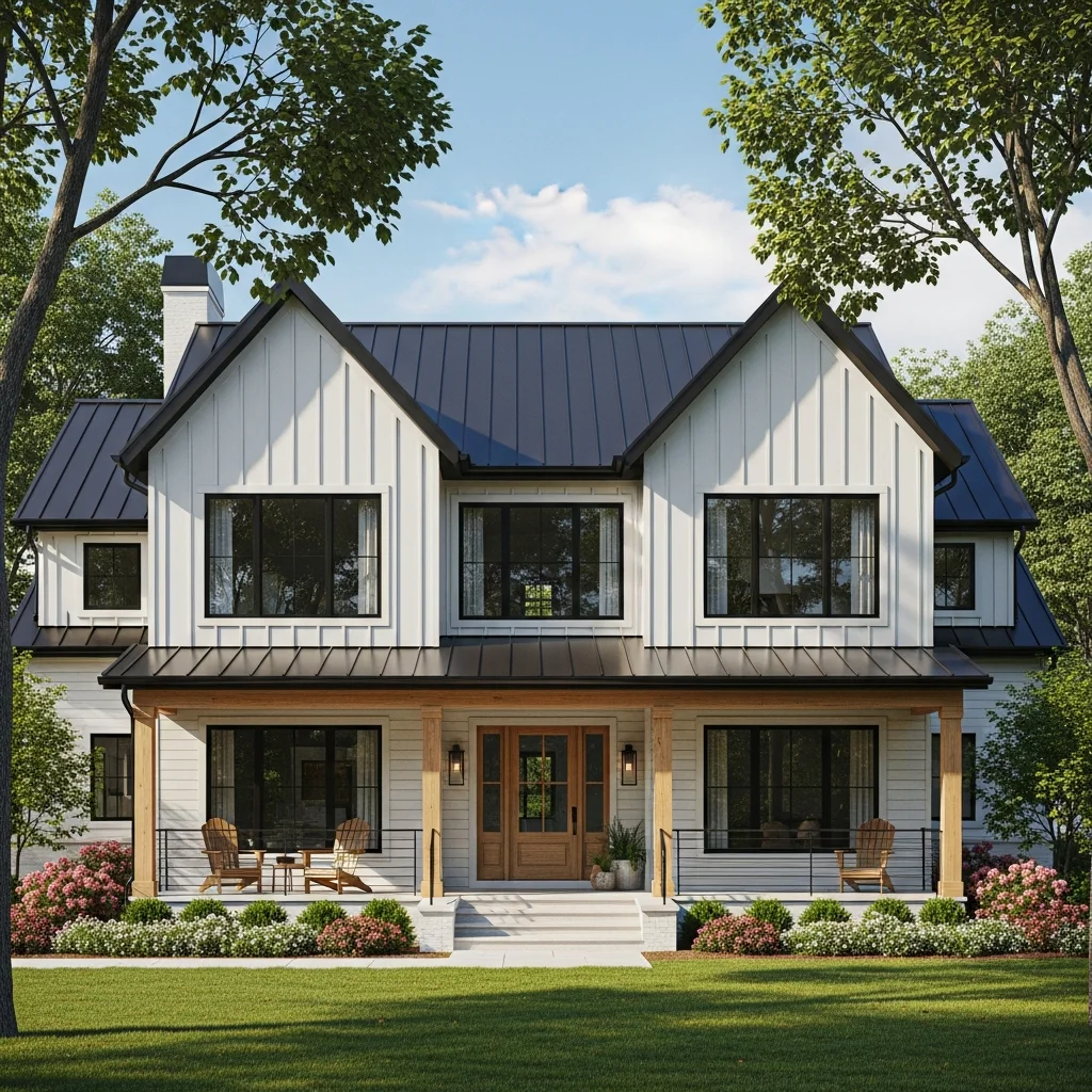 1. Black Metal Roof with White Board & Batten Siding