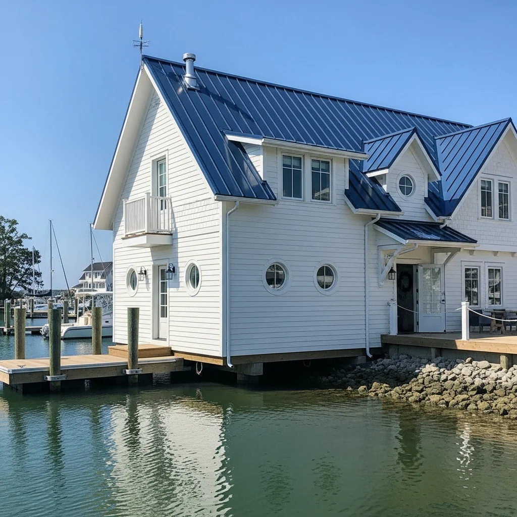 12. Boathouse Inspired Home with Marine Blue Metal Roof