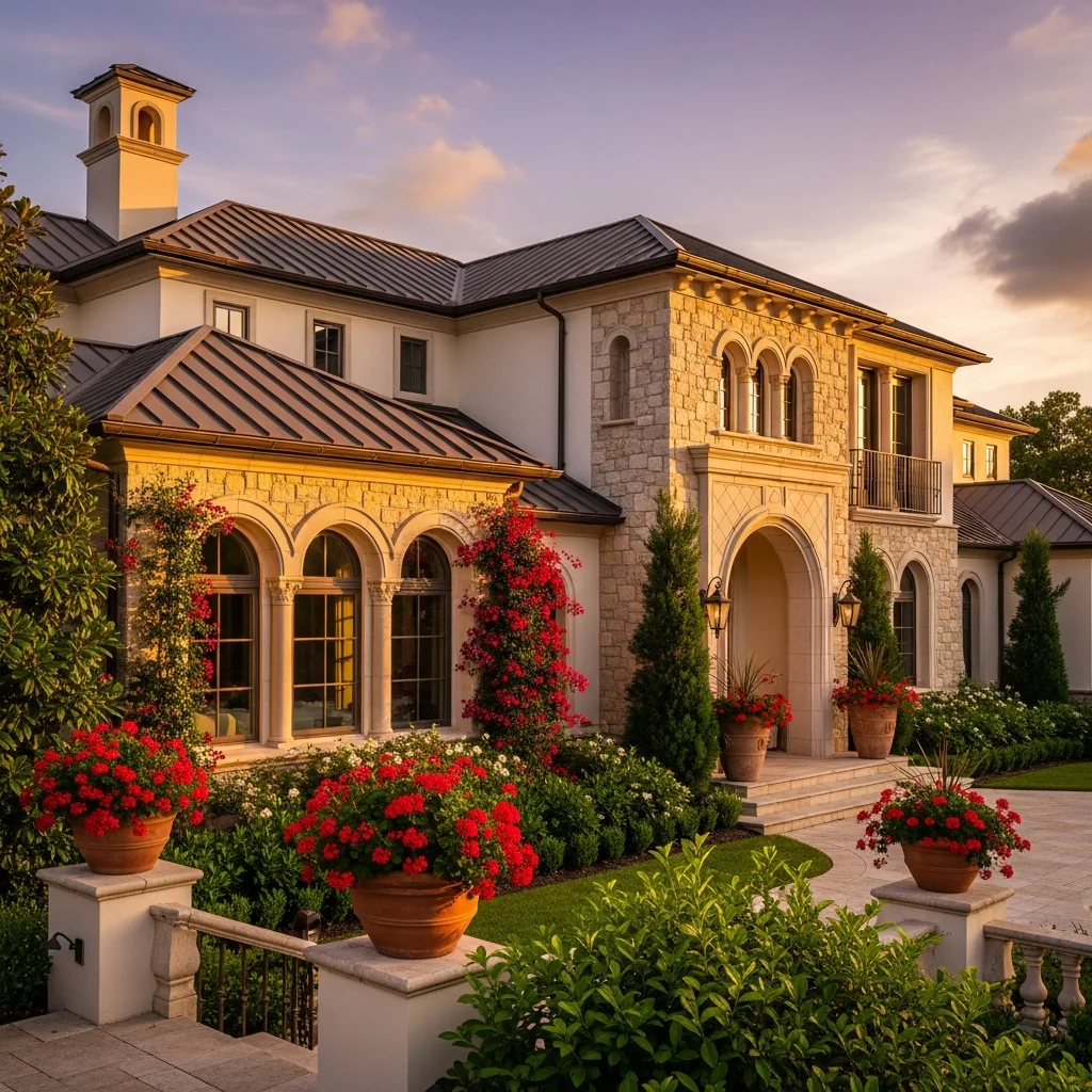 4. Bronze Metal Roof with Warm Cream Stucco & Stone Accents