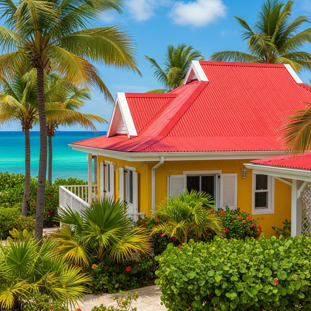 10. Caribbean Bungalow with Bright Red Metal Roof