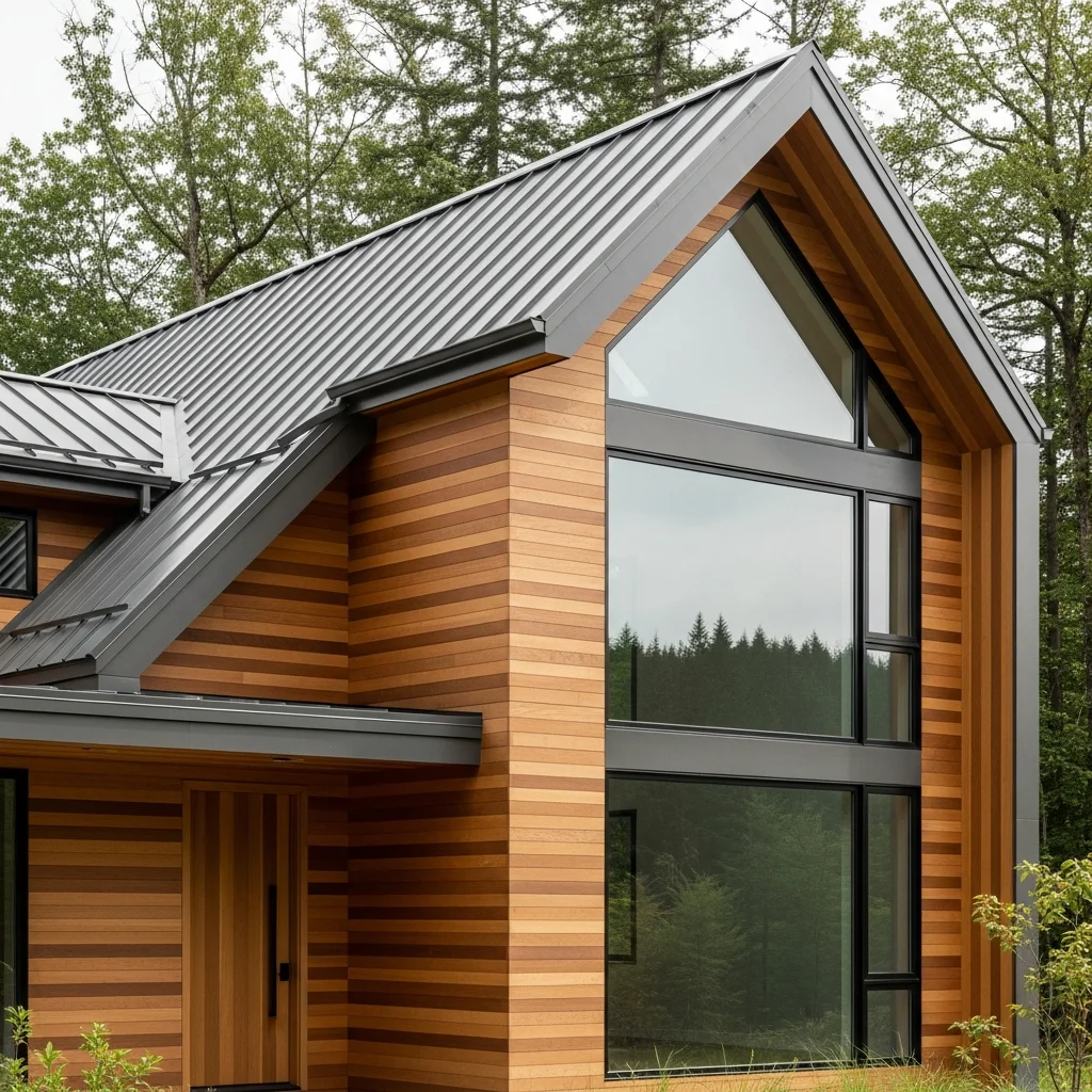 2. Charcoal Gray Metal Roof with Natural Cedar Siding