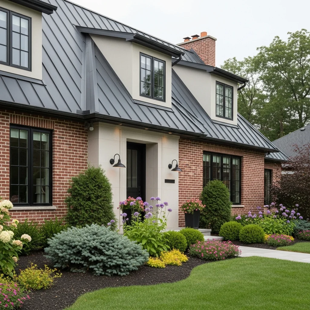 10. Charcoal Metal Roof with Painted Red Brick