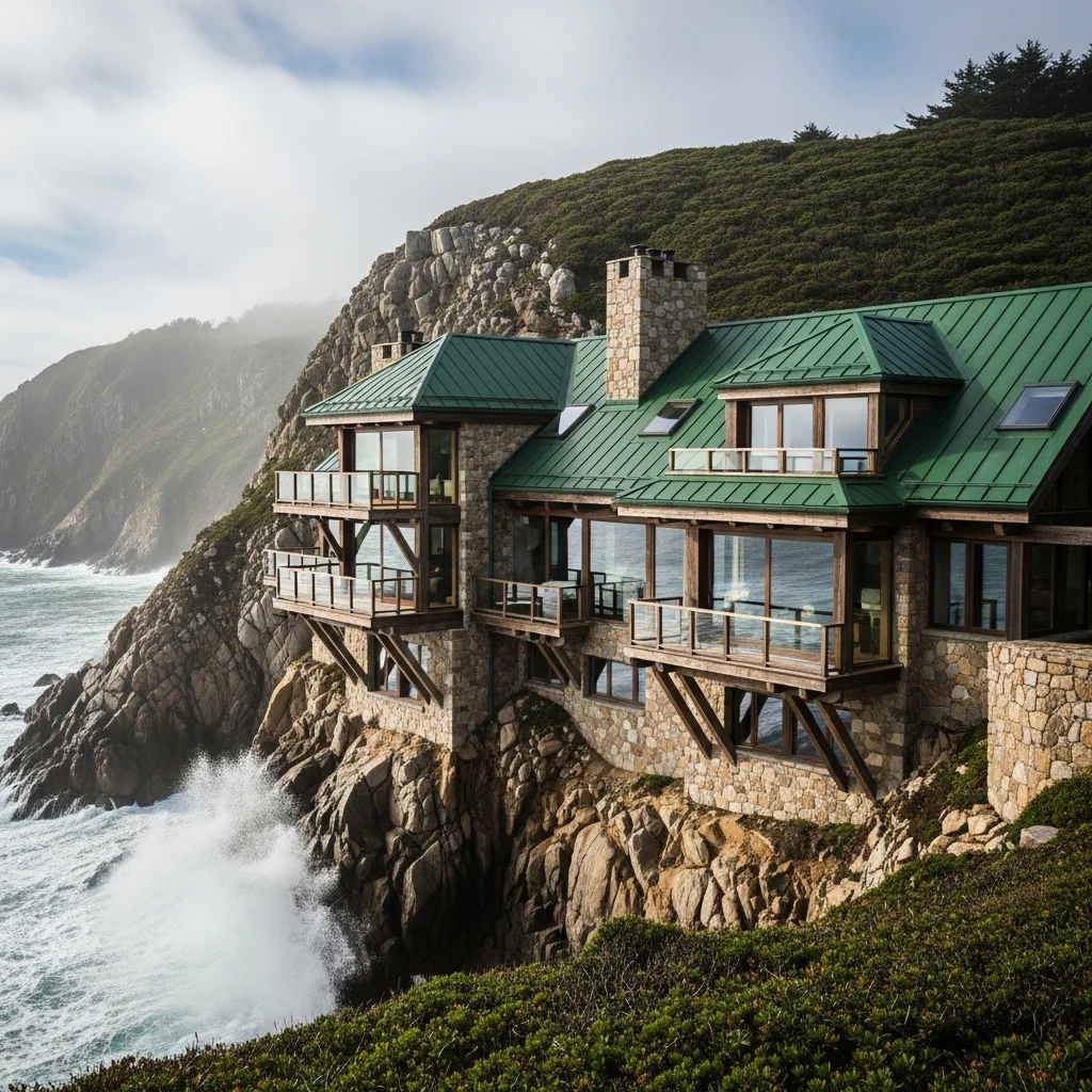 9. Cliffside Dwelling with Green Metal Roof