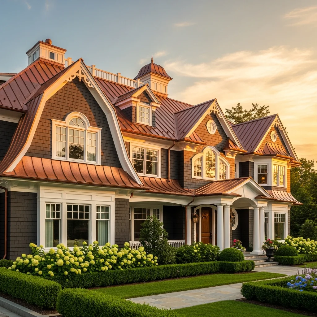 16. Copper (New) Metal Roof with Dark Stained Shingle Siding
