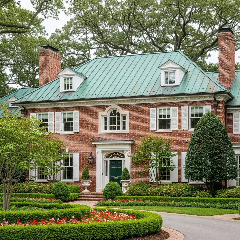 5. Copper Patina Metal Roof with Classic Red Brick