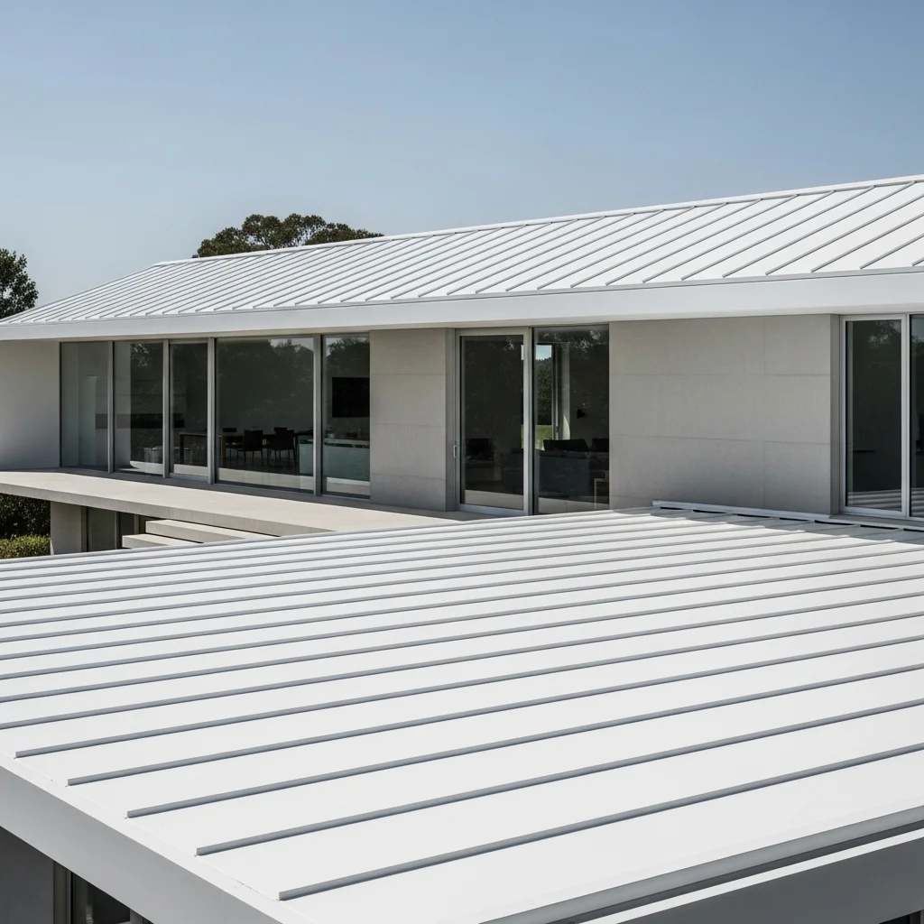 Top 15 Metal Roof Aesthetic Ideas for Modern Homes 7 6. Crisp White Standing Seam (Cool Roof)