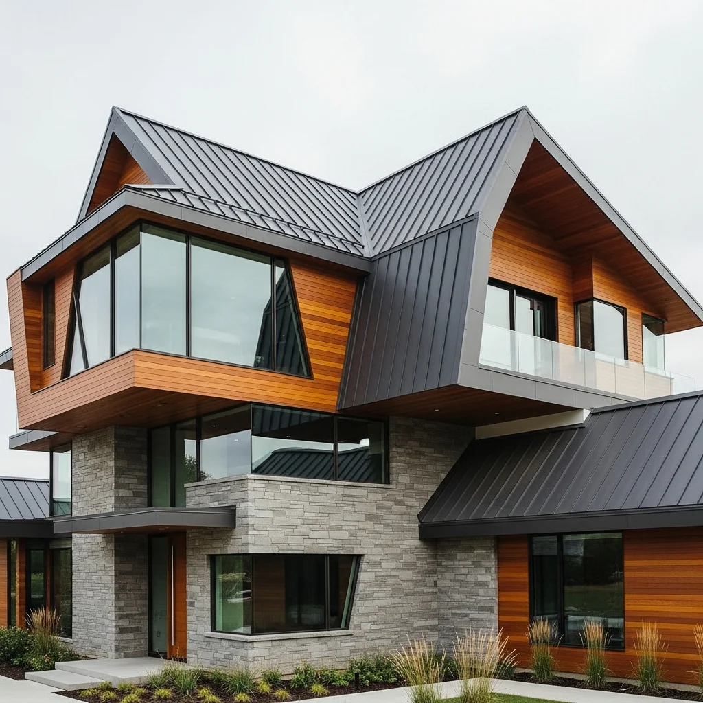 15. Dark Gray Metal Roof with Mixed Materials (Wood & Stone)