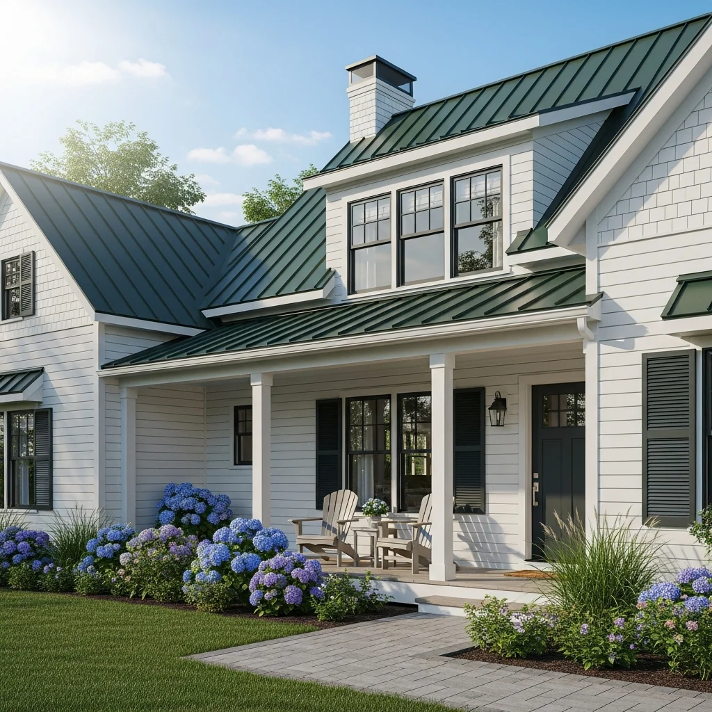 6. Dark Green Metal Roof with White Lap Siding