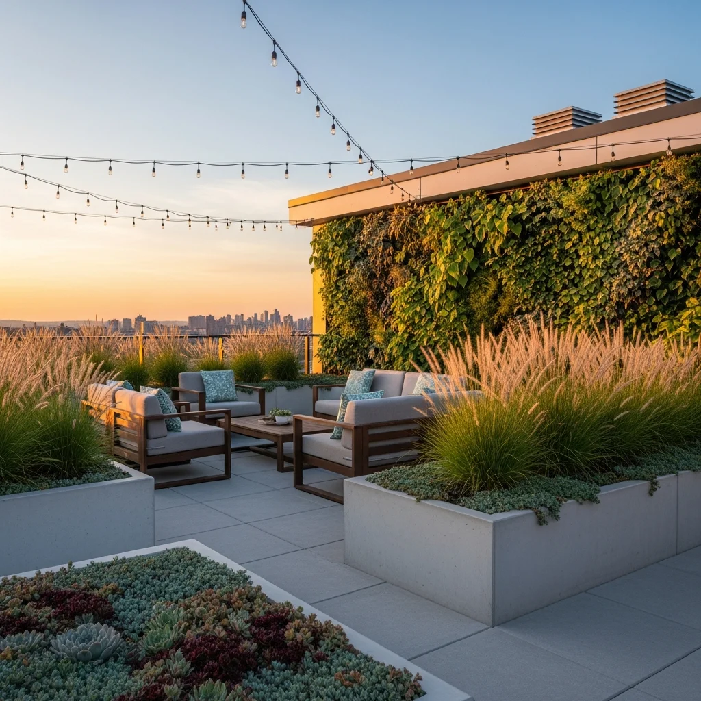 Top 11 Contemporary Minimalist Rooftop Terrace Designs 4 3. Integrated Planters & Green Walls