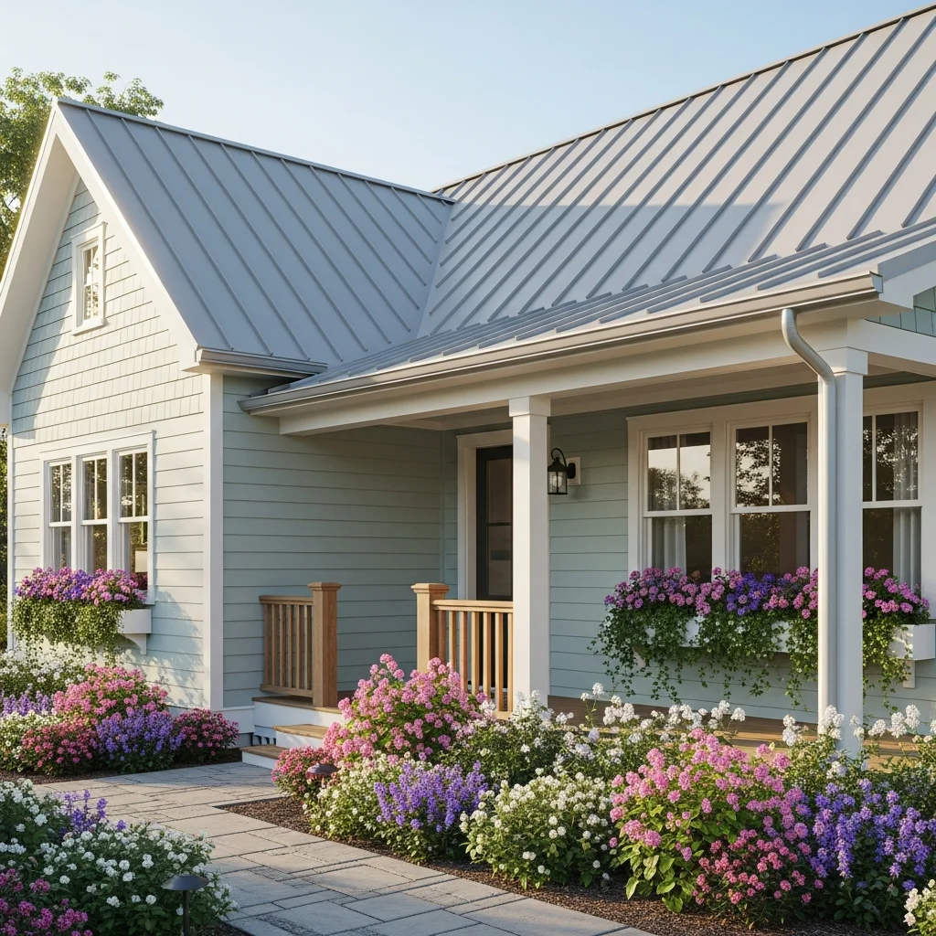 11. Light Gray Metal Roof with Light Blue/Green Siding