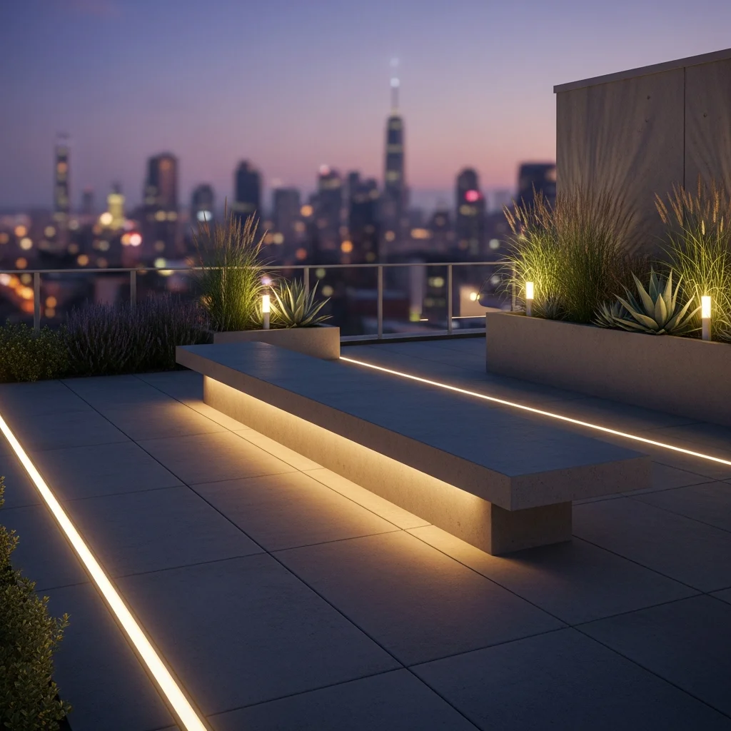 Top 11 Contemporary Minimalist Rooftop Terrace Designs 6 5. Linear Lighting & Ambient Glow