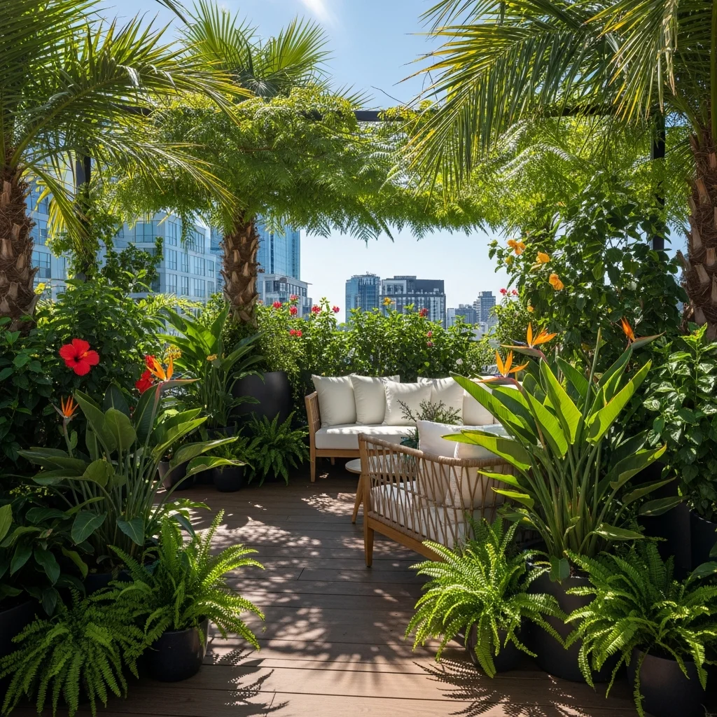 19 Breathtaking Rooftop Garden Deck Designs for Every Style 6 5. Lush Tropical Escape