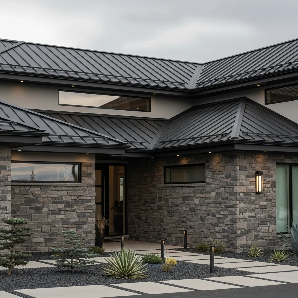 9. Matte Black Metal Roof with Dark Gray Stone Veneer