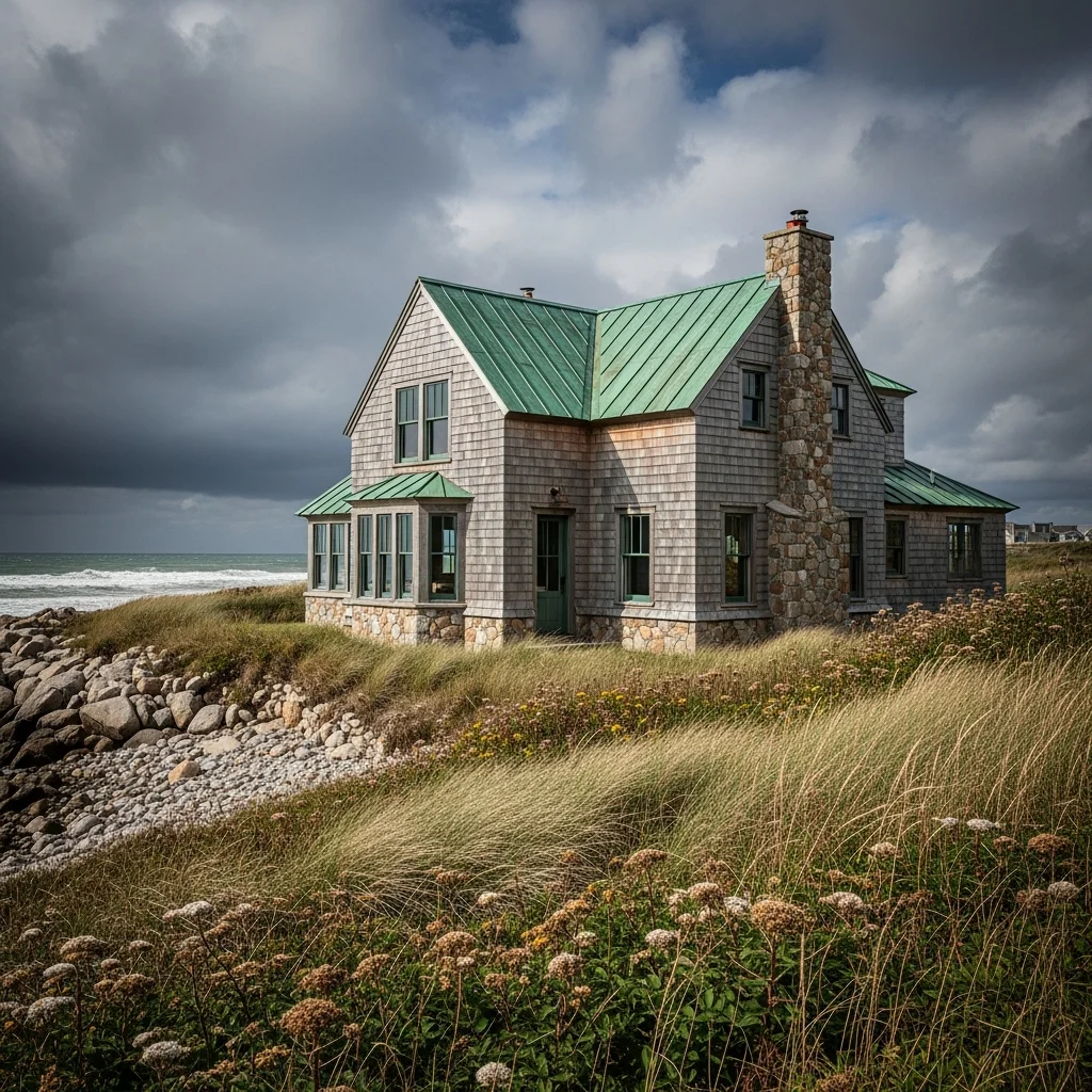 5. Rustic Beach House with Weathered Copper Roof