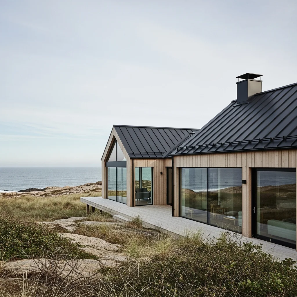 7. Scandinavian Coastal Retreat with Matte Black Roof