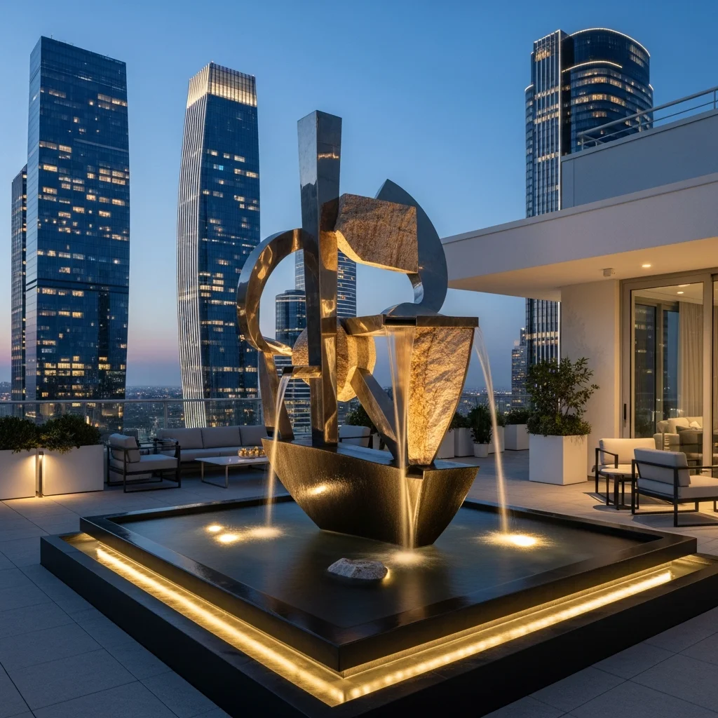 Top 23 Luxury Penthouse Rooftop Terrace Designs 23 22. Sculptural Water Feature