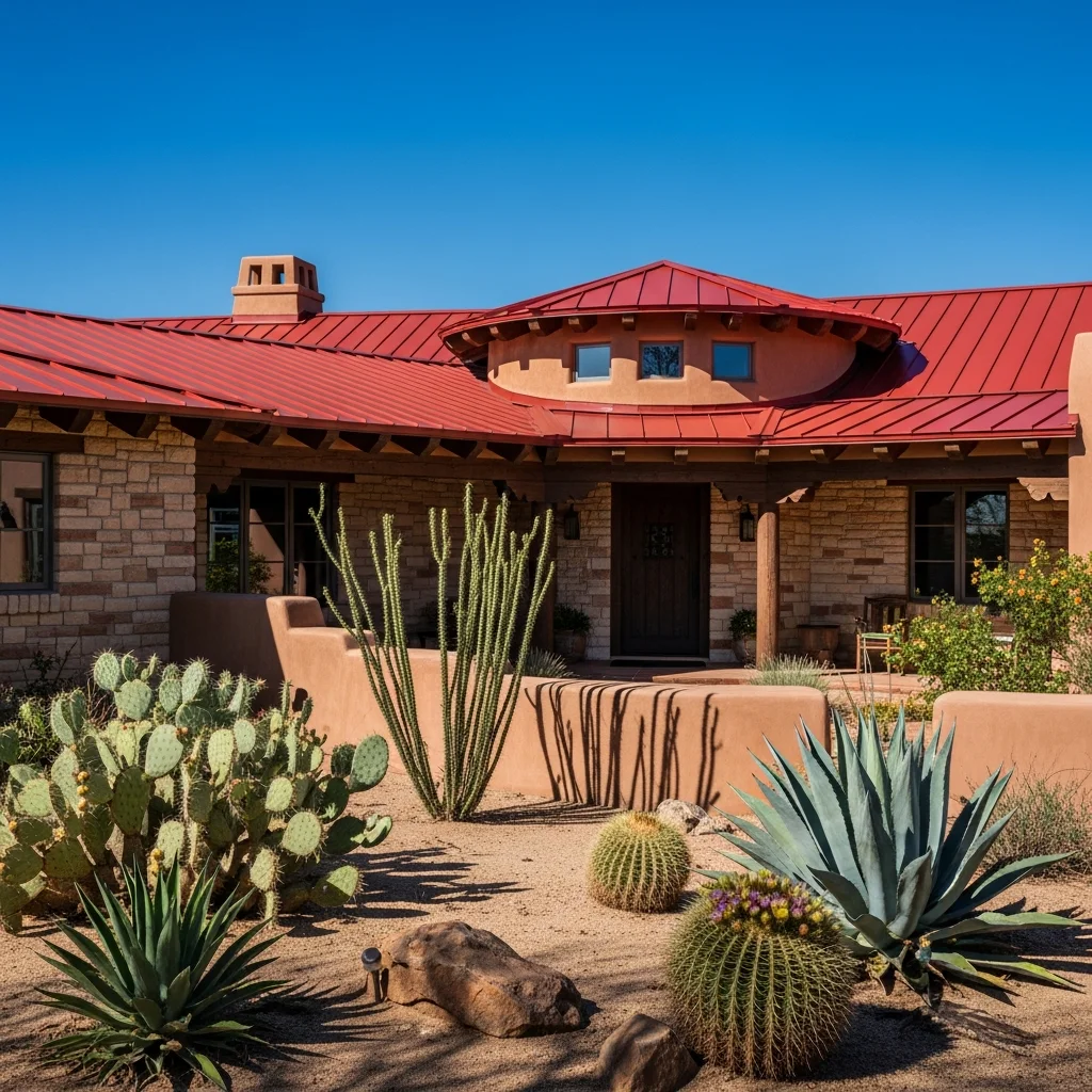 7. Terra Cotta Red Metal Roof with Adobe Stucco