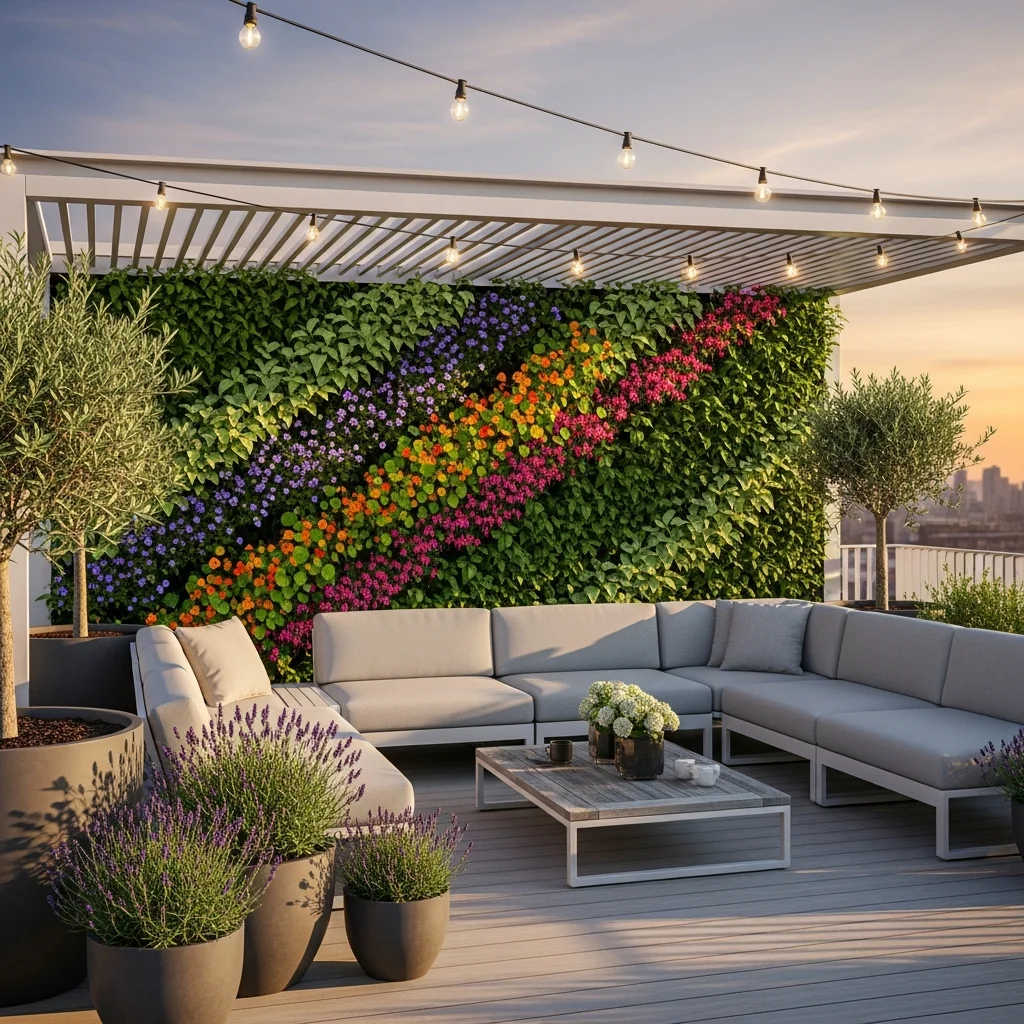 19 Breathtaking Rooftop Garden Deck Designs for Every Style 4 3. Vertical Garden Marvel