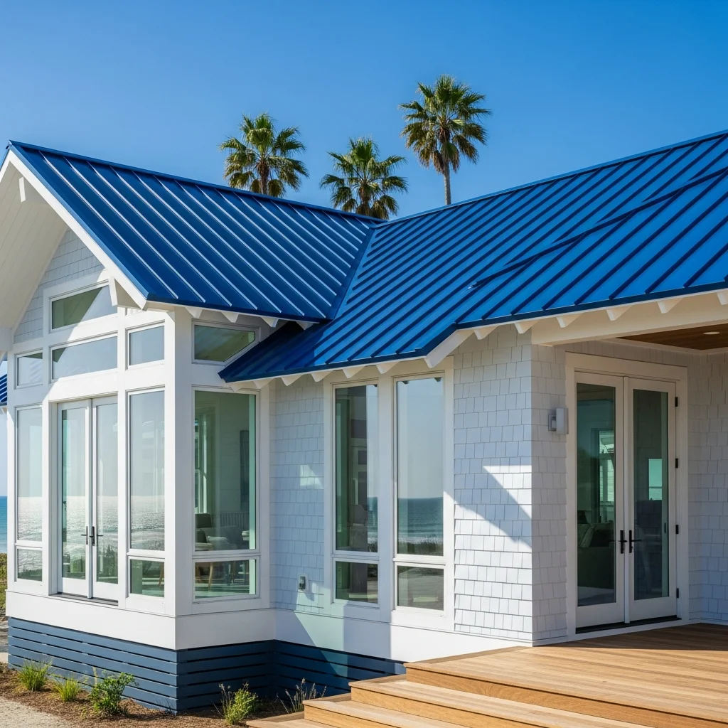 Top 15 Metal Roof Aesthetic Ideas for Modern Homes 9 8. Vibrant Cobalt Blue Standing Seam