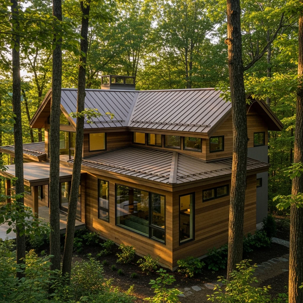 Top 15 Metal Roof Aesthetic Ideas for Modern Homes 4 3. Warm Bronze Standing Seam
