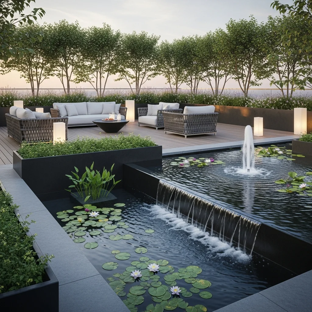 19 Breathtaking Rooftop Garden Deck Designs for Every Style 19 18. Water Feature Wonderland