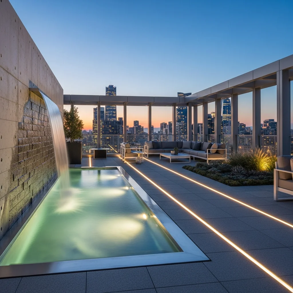Top 23 Luxury Penthouse Rooftop Terrace Designs 18 17. Waterfall Feature & Reflecting Pool