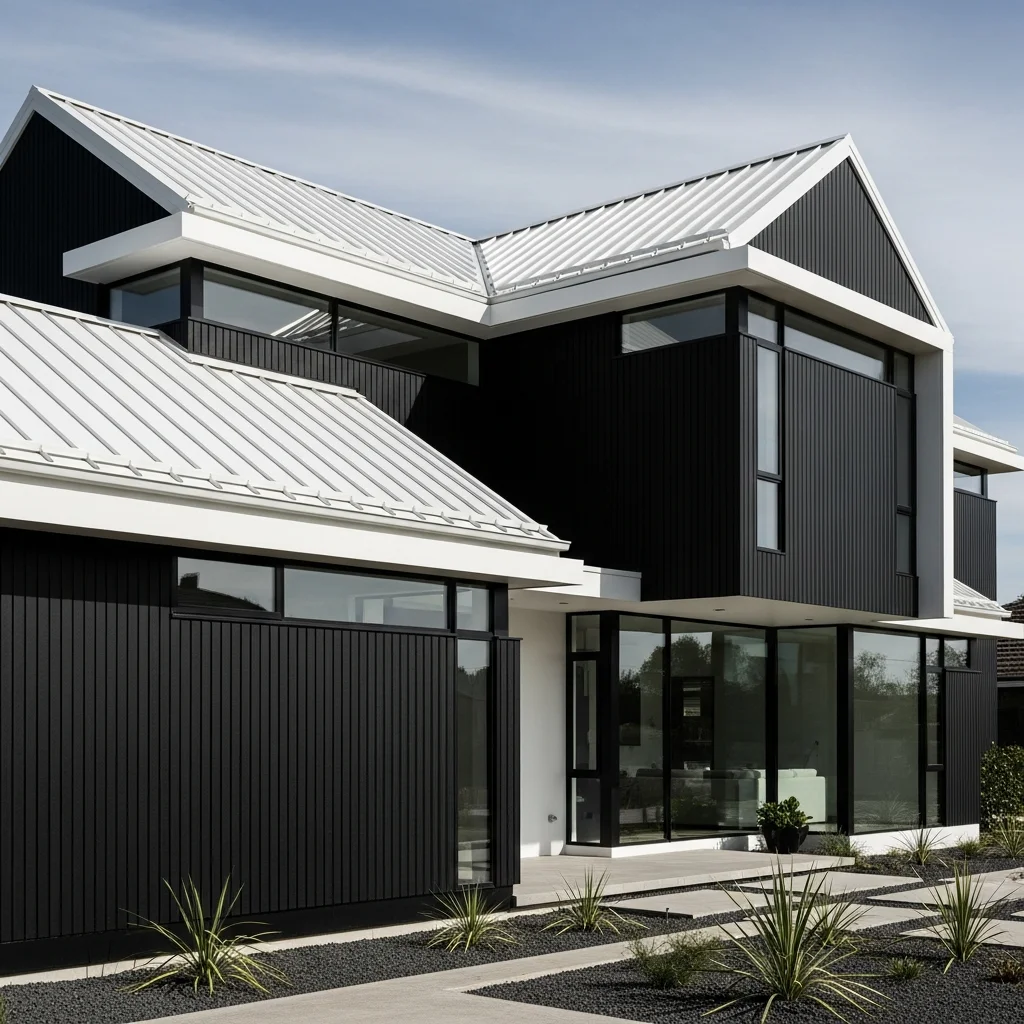 8. White Metal Roof with Black Vertical Siding