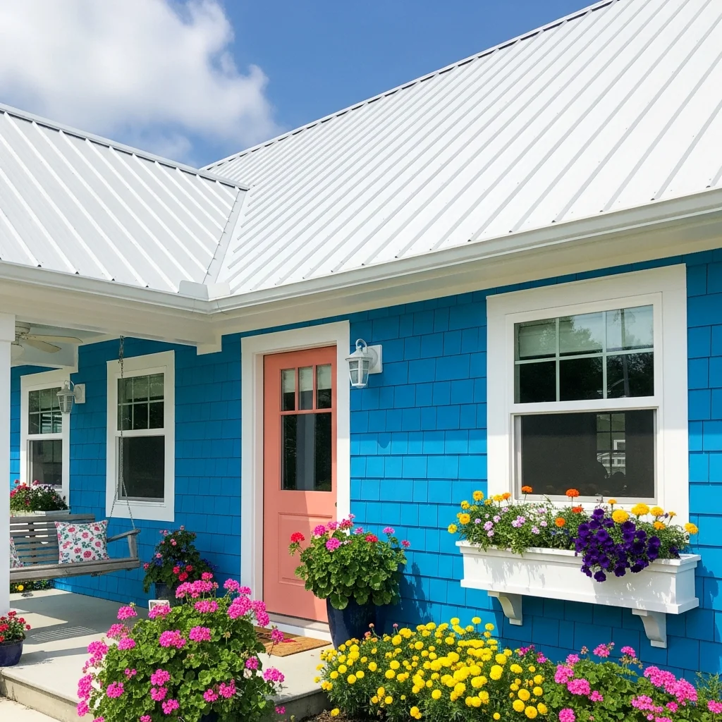17. White Metal Roof with Bright Blue Siding