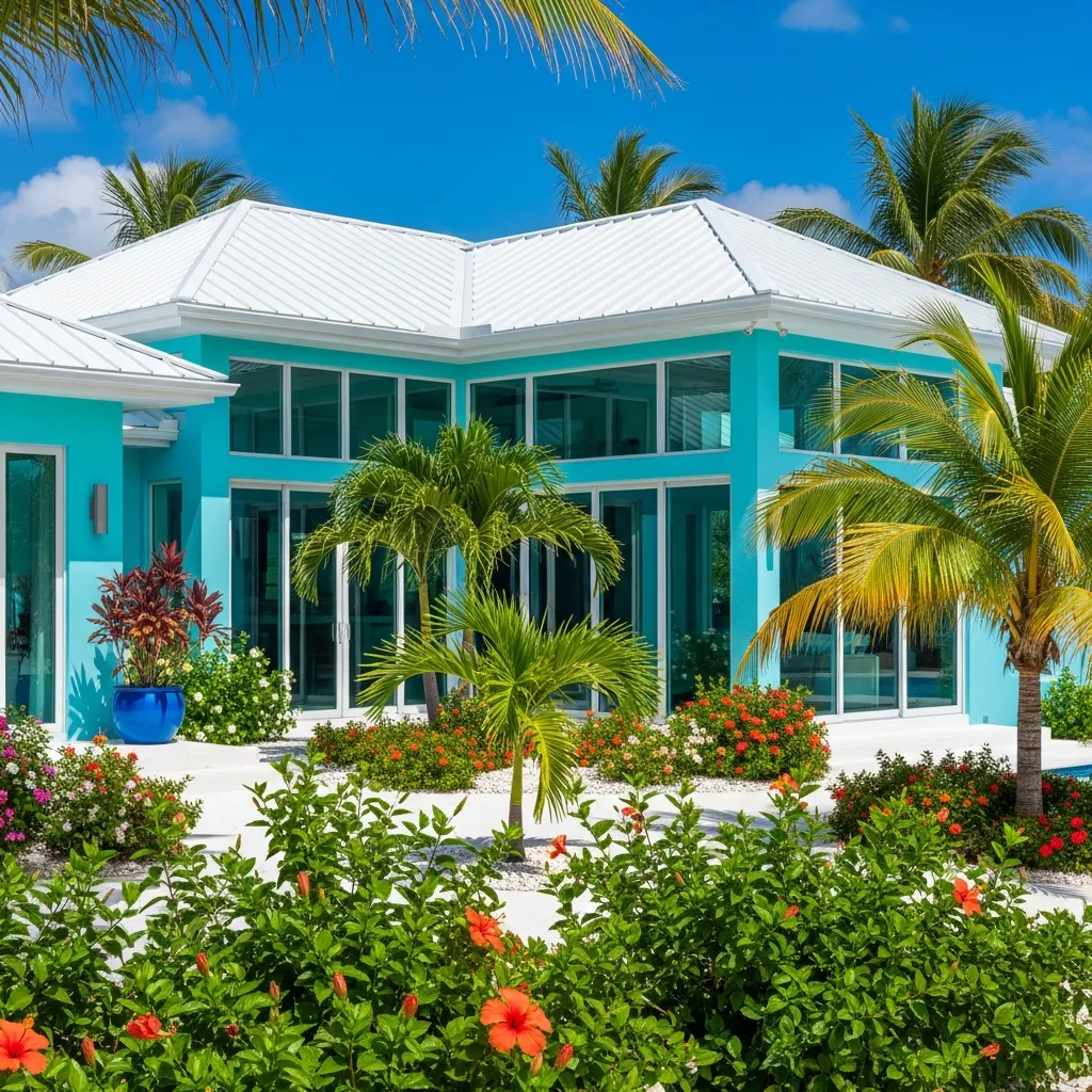 13. Aqua Blue House + Bright White Metal Roof