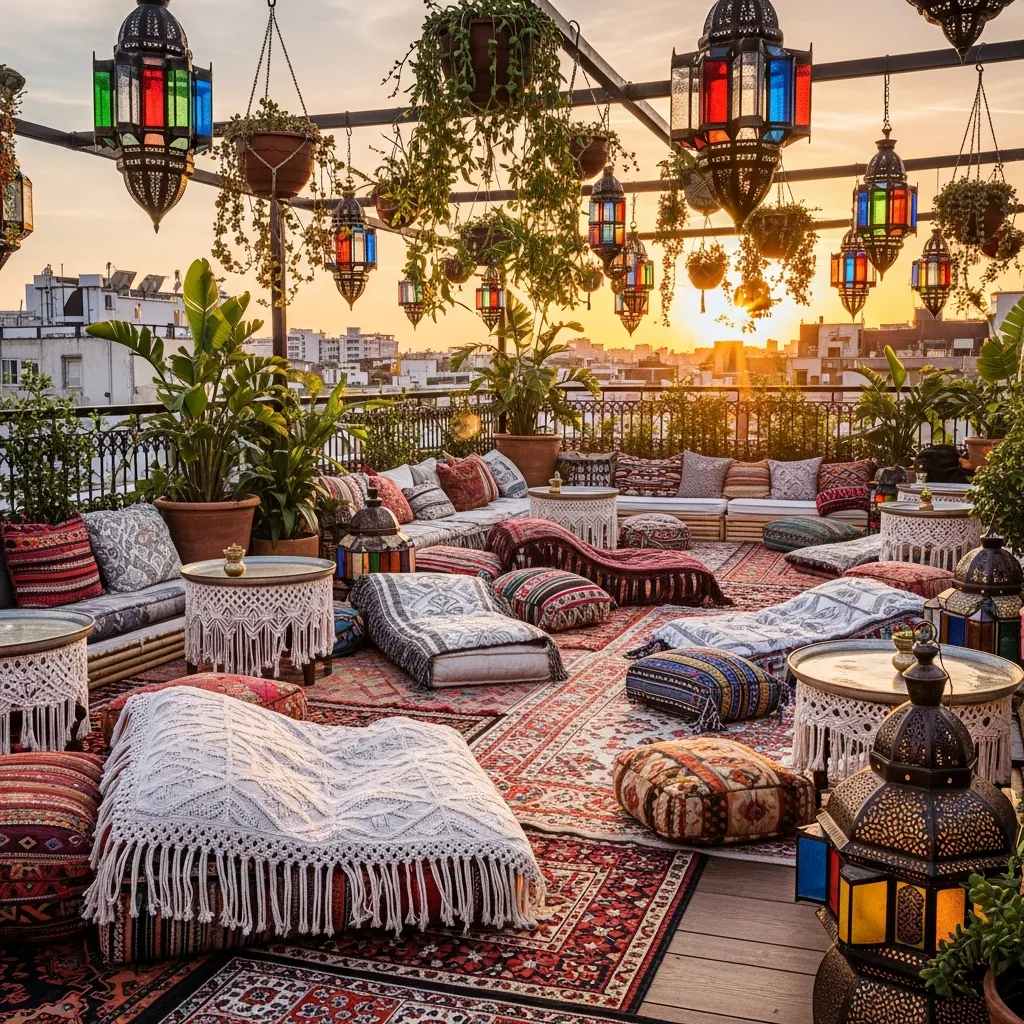 25 Breathtaking Rooftop Patio Lounge Designs for Your Dream Space 4 3. Bohemian Rhapsody Lounge