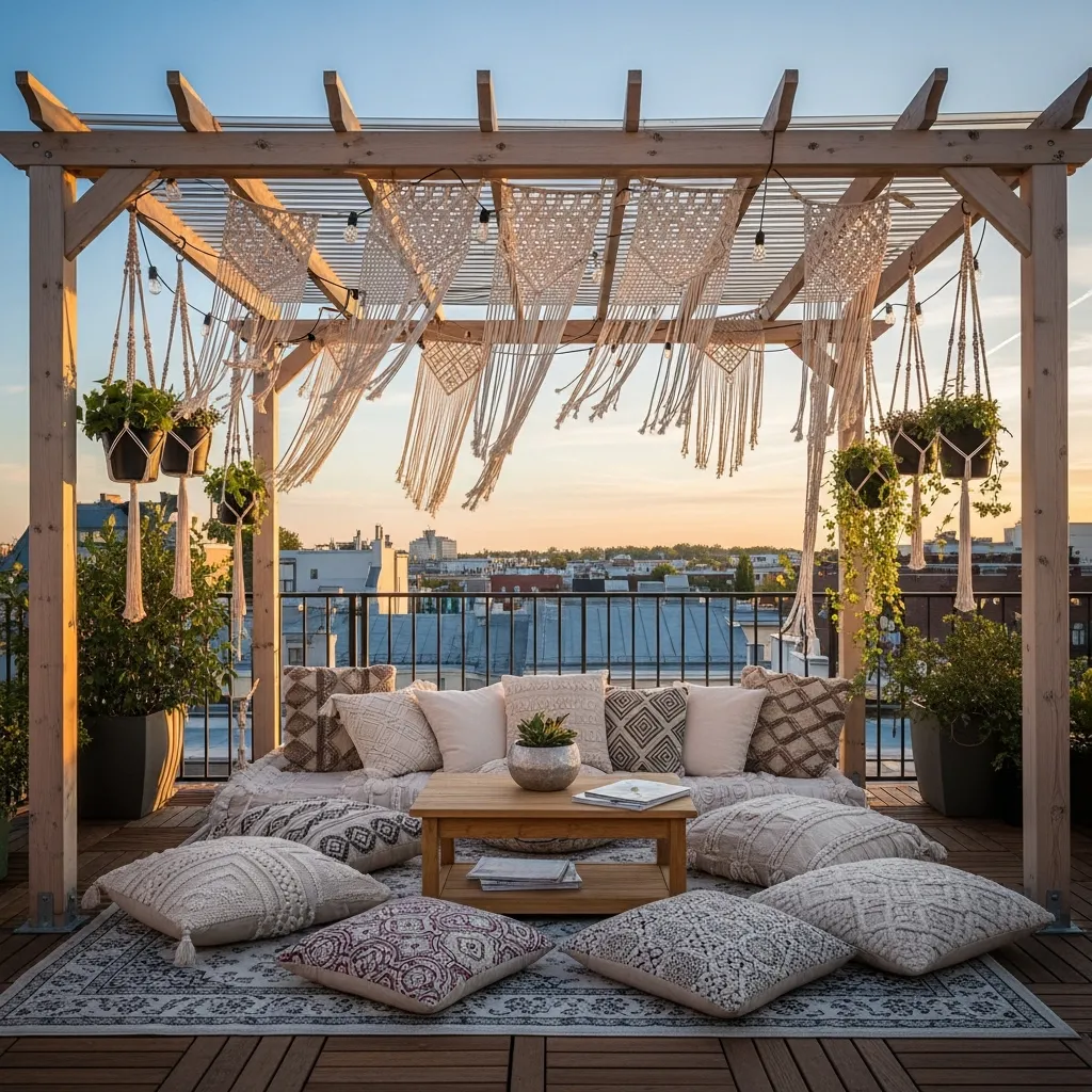 Top 15 Rooftop Patio Designs with Pergola Shade 4 3. Boho Chic Sanctuary
