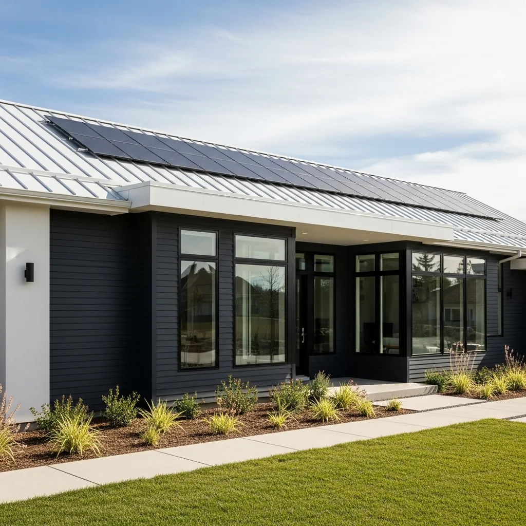 14. Bright White Roof + Dark Gray Siding (Energy Efficient)