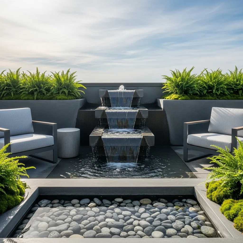 19 Dreamy Rooftop Seating Area Ideas to Inspire Your Space 17 16. Cascading Water Feature Area