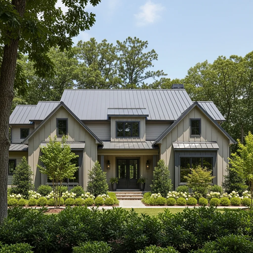 17 Timeless Neutral Color Schemes for Metal Roof Houses 2 1. Classic Greige with Charcoal Accents