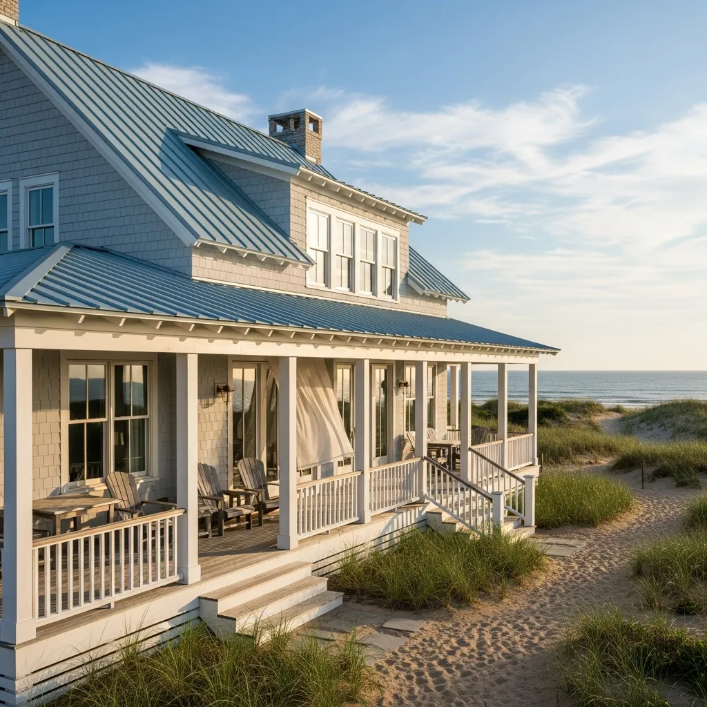 4. Coastal Farmhouse with Light Blue Metal Roof