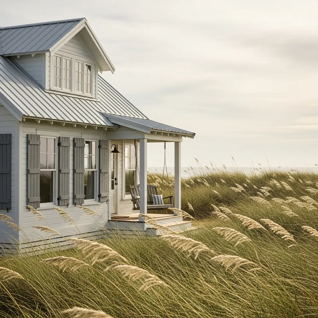 17 Timeless Neutral Color Schemes for Metal Roof Houses 15 14. Coastal White with Weathered Gray Accents