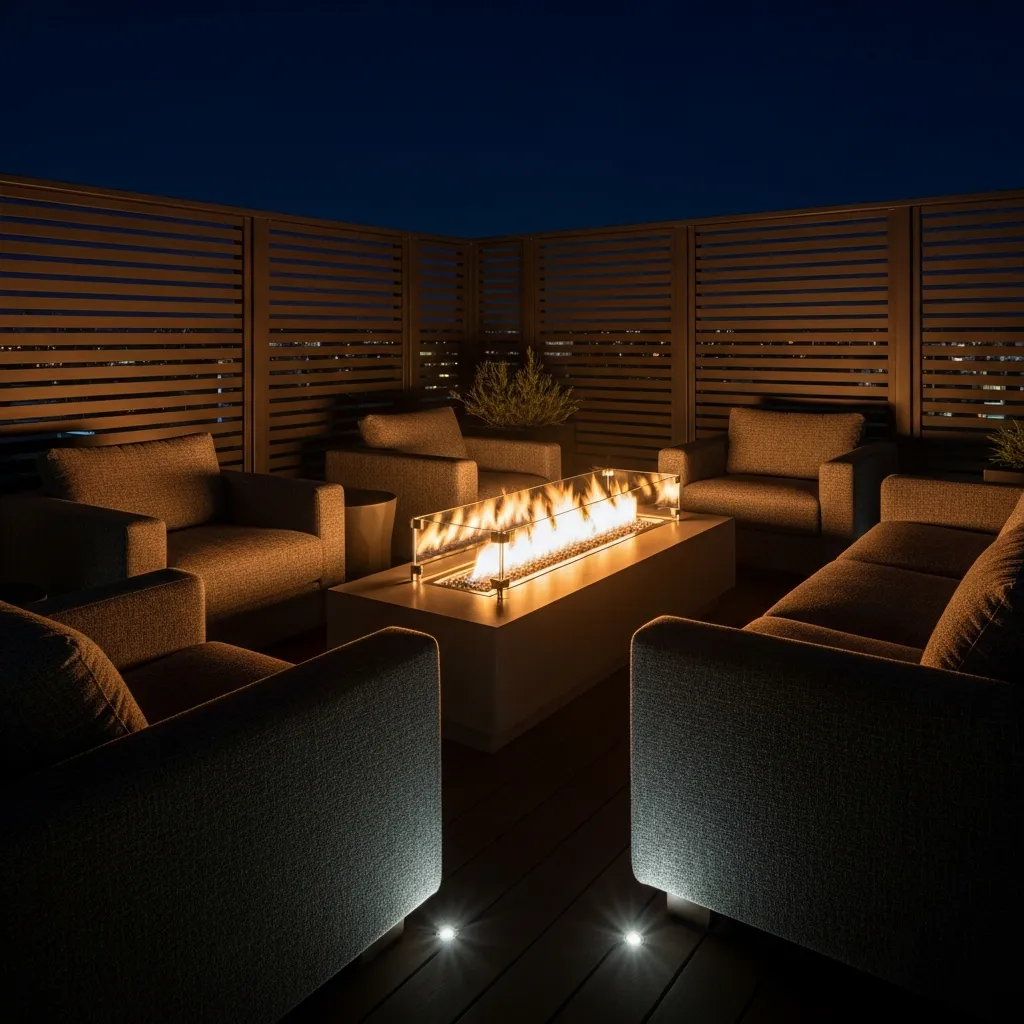 Top 25 Modern Rooftop Seating Areas That Will Elevate Your Space! 6 5. Cozy Fire Pit Nook
