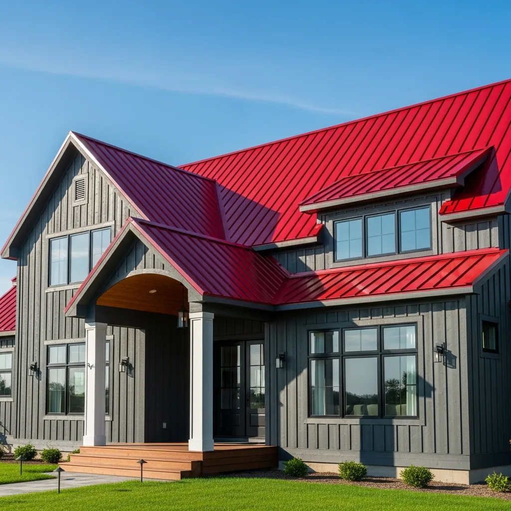 1. Crimson Red Roof & Charcoal Grey House