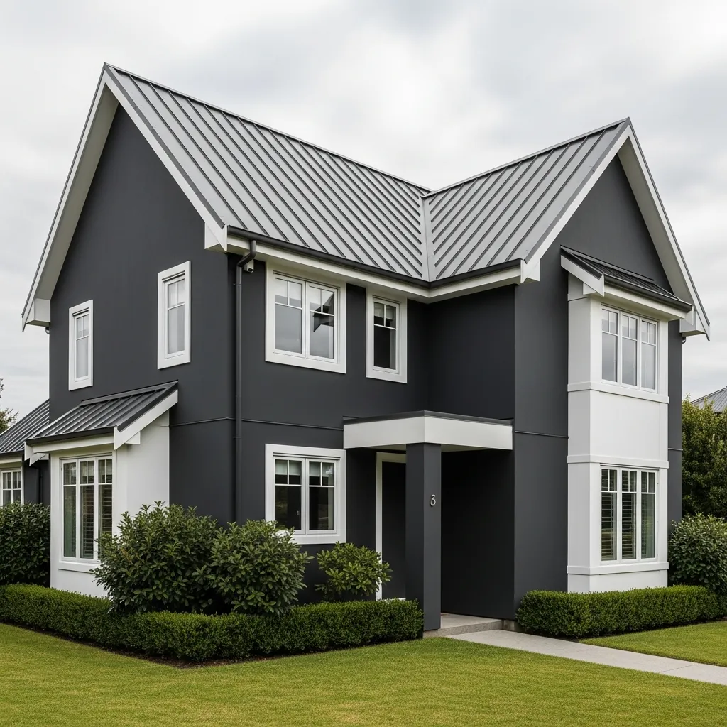 17 Timeless Neutral Color Schemes for Metal Roof Houses 6 5. Deep Charcoal with White Trim