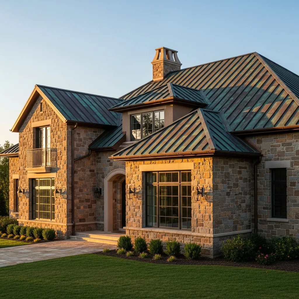 4. Deep Copper Roof & Warm Stone Facade