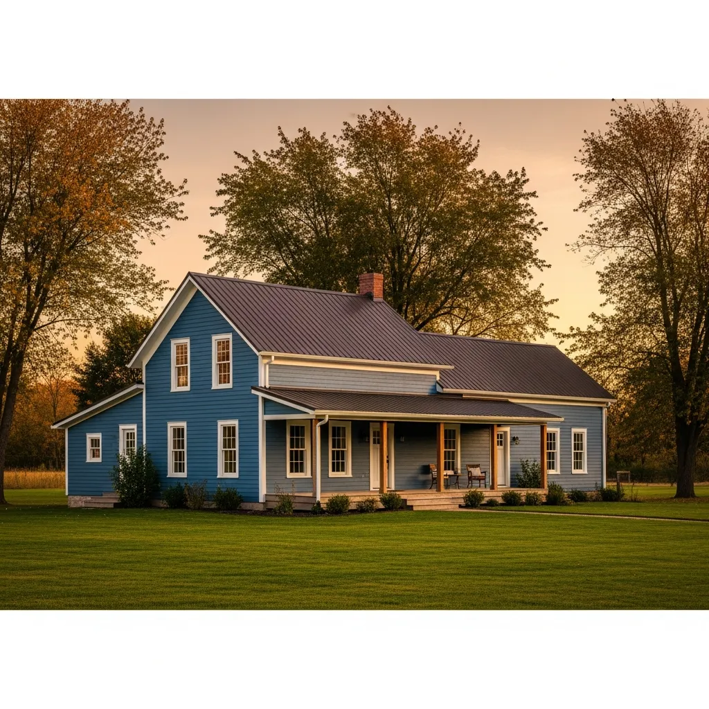 12. Denim Blue House + Dark Brown Metal Roof