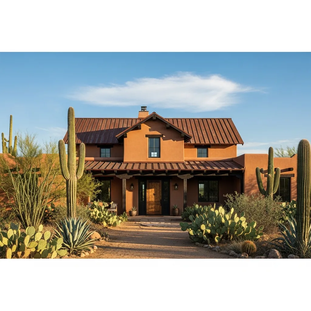19. Desert Farmhouse with Earth-Toned Metal Roof