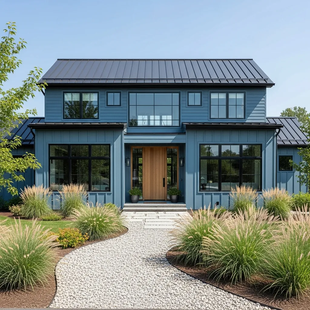 8. Dusty Blue House + Matte Black Metal Roof