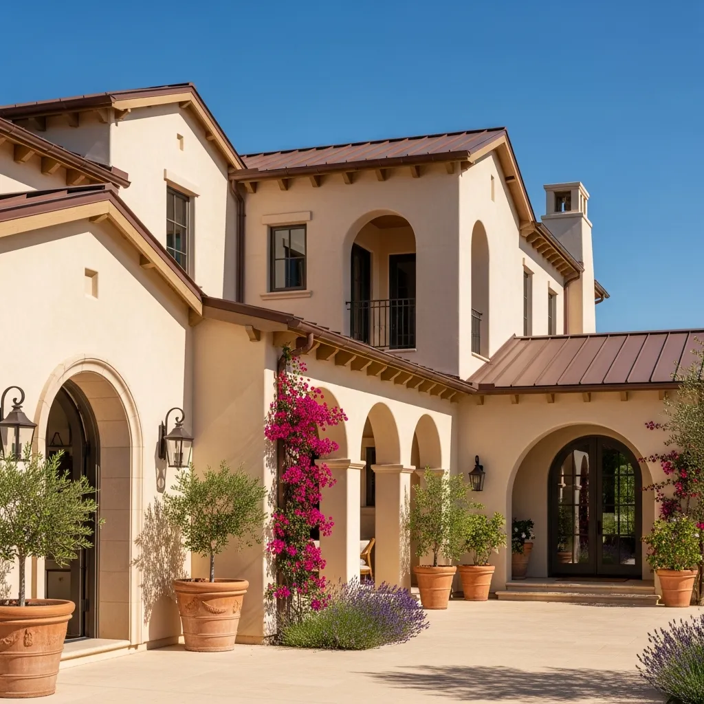 4. Earthy Terra Cotta Roof + Smooth Stucco Siding (Warm Beige)